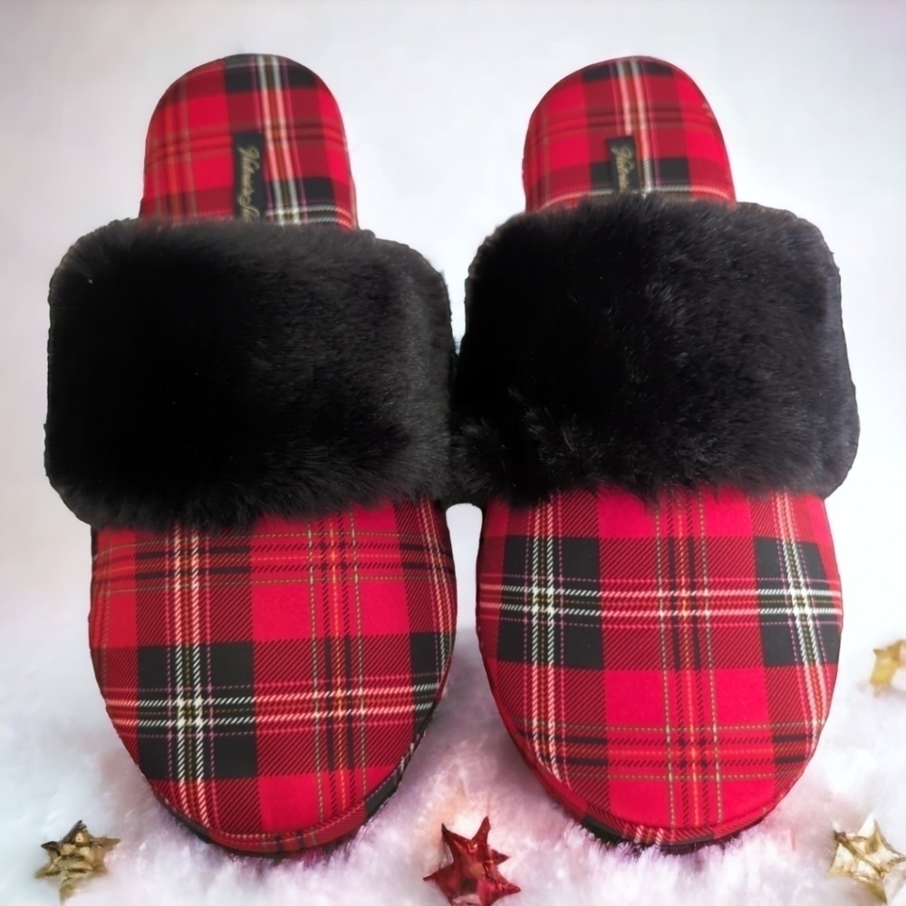 Victoria's Secret Signature Satin Red Black Plaid Slippers Size M